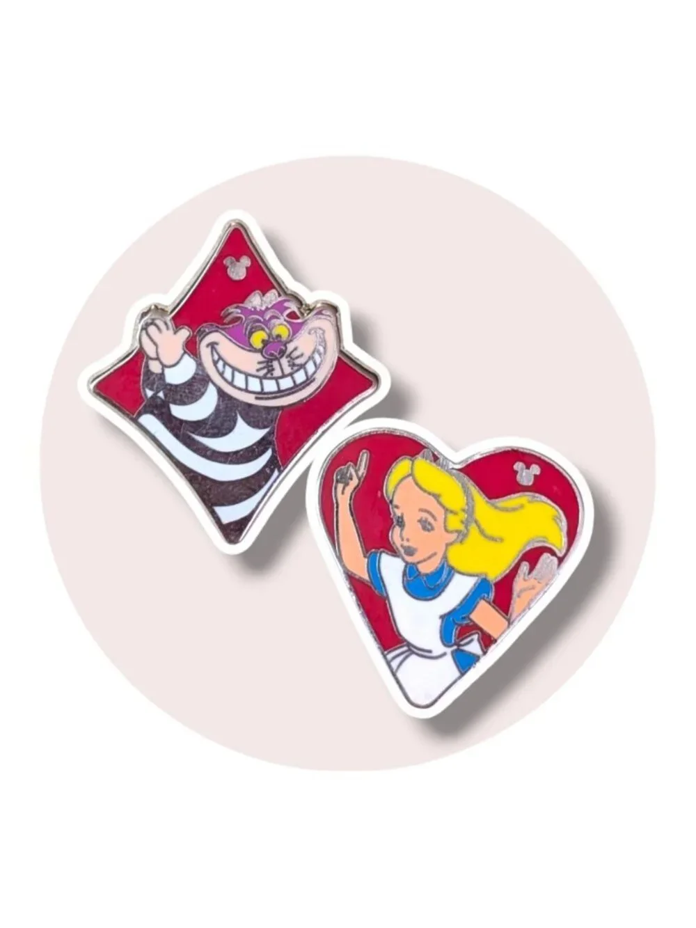 Alice in Wonderland Disney Pins: Cheshire Cat and Alice Playing Card Suits